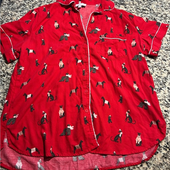 Ann Taylor Loft Sleeep Pajama Top Size L Lounge Red Dogs Button Up Short Sleeve - Picture 1 of 5